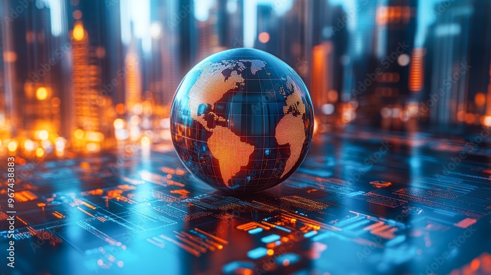 Wall mural a digital globe with highlighted continents sits on a futuristic circuit board, illuminated with vib
