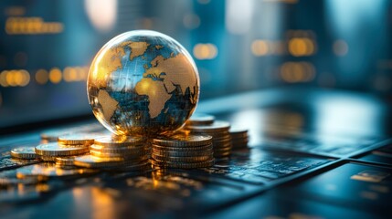 A futuristic financial scene with a transparent globe, golden continents, and stacks of coins, perfect for illustrating global finance, investment, or economic growth concepts