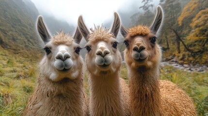 Obraz premium whimsical portrait of three curious llamas heads tilted in unison against backdrop of misty andean mountains
