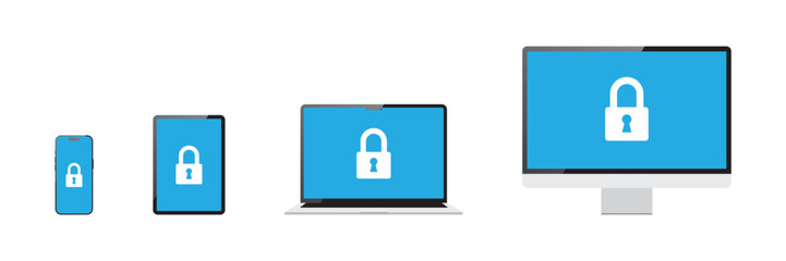 Protected devices: phone, tablet, laptop, monitor with a lock icon on the screen.
