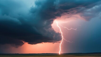 A powerful thunderstorm over a rain-saturated countryside, lightning splitting the sky, real-time weather updates overlaying the image