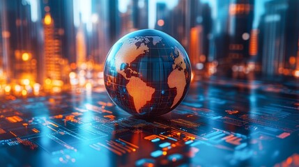 A digital globe with highlighted continents sits on a futuristic circuit board, illuminated with vibrant blue and orange lights, perfect for representing global technology, digitalization