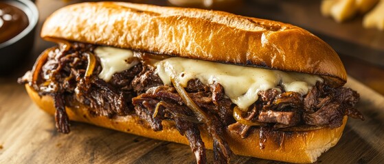 A close-up of a delicious, cheesy, and savory pulled beef sandwich on a toasted bun, perfect for food blogs, menu designs, or culinary websites discussing comfort food,