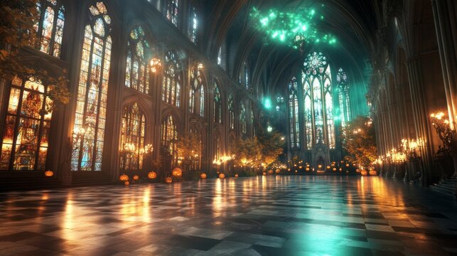 A spooky Halloween-themed cathedral with pumpkins glowing in the alcoves