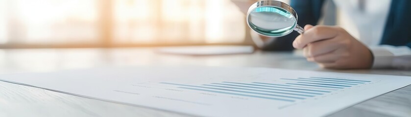 Business professionals examining a churn rate chart with magnifying glasses, emphasizing detailed analysis, retention efforts