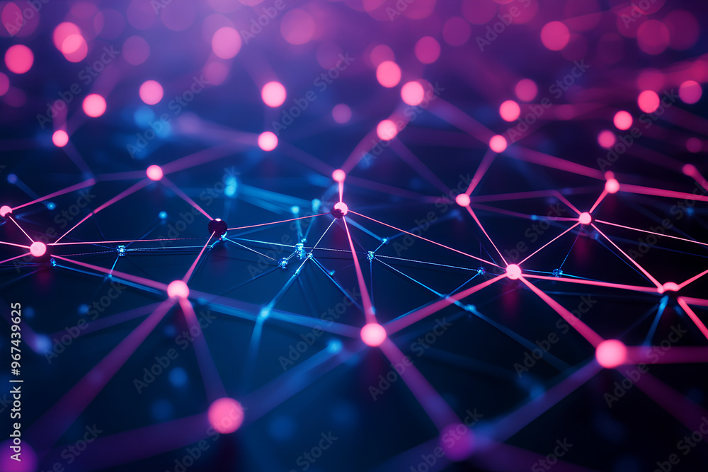 Poster abstract digital network with interconnected nodes and vibrant colors.