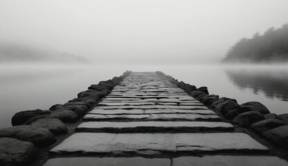 Obraz premium A stone path stretches into a fog-covered lake, flanked by rocks, fading into the mist. Trees on the right add depth to the serene, mysterious scene.