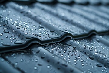A detailed view of water droplets on a gray metal tiles roof