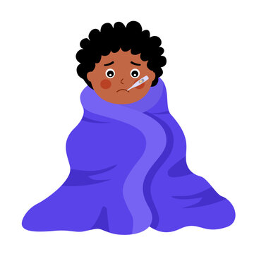 Sick Child suffering from flu with blanket. Boy kid has fever and take thermometer in mouth. Cold or influenza disease concept. Season allergy.