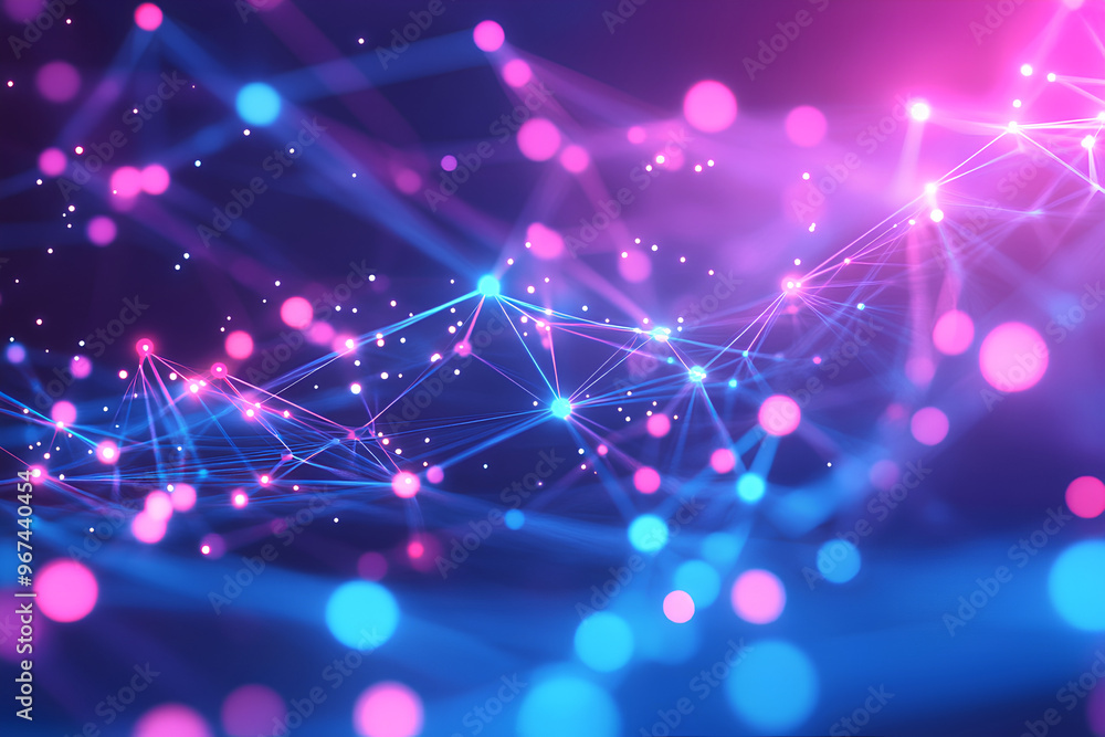 Poster abstract digital network with glowing nodes and connections in vibrant colors.