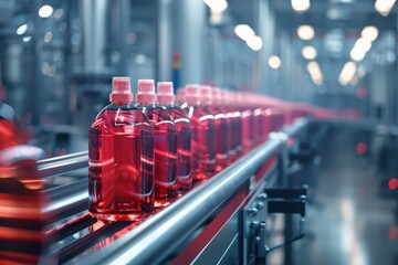 Conveyor with skincare products and home cleaning items in factory under UV light. Moving plastic bottles equipped with soap and shampoo dispensers under pink lighting.