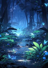 Fototapeta premium Blue butterflies fly over a stream in the woods.
