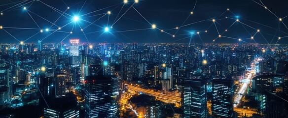Modern city with wireless network connection and city scape concept.Wireless network and Connection technology concept with city background at night.