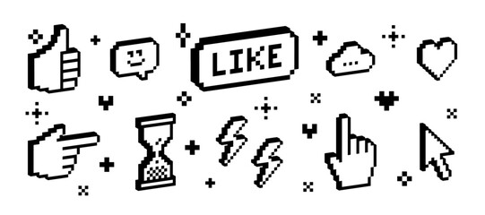 3D pixel art black elements set. Y2k trendy collage stickers. Thumbs up, smile face, heart. Mood of 90's aesthetics. 8-bit retro style vector illustration. Simple geometric shape. Game abstract icons © Mariia