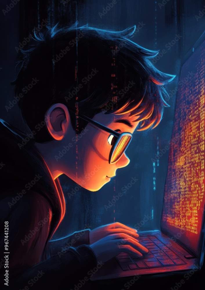 Poster young boy in glasses and dark hoodie coding on laptop in dimly lit room, focused on programming task