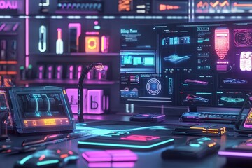 A futuristic shopping scene with a dynamic display of various tech products and accessories.