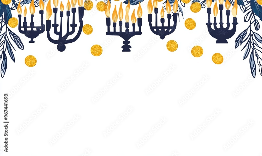 Wall mural A Hanukkah-themed frame adorned with menorahs and gelt in a minimalist style.