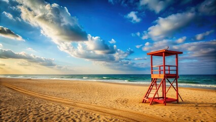Deserted beach with no lifeguard on duty, desolate, empty, abandoned, warning, danger, beach, ocean, sea, no supervision