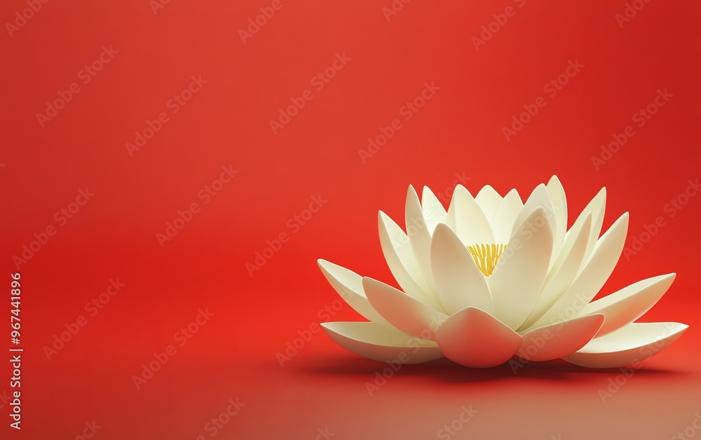 Wall mural A minimalist white lotus flower floating above a serene red background