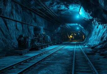 Naklejka premium An underground tunnel intersection with multiple rail tracks converging.