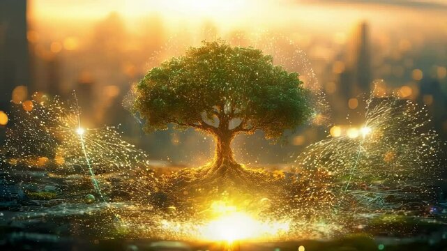 Majestic tree with radiant roots grows against a city skyline at sunset, exuding magic and wonder