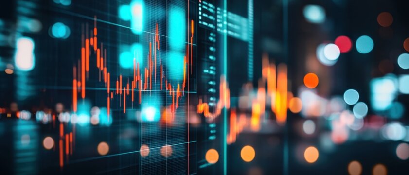 A digital stock market chart with candlestick patterns on a glass background, blurred city lights in the dark night sky, a bokeh effect, financial charts and graphs, a global business concept