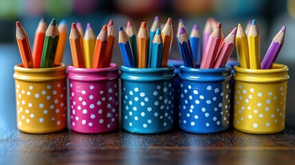 Fototapeta premium Colorful Pencils in Polka Dot Jars on Wooden Table