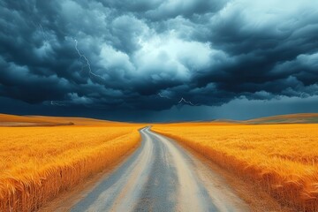winding dirt road through golden wheat field under turbulent stormy sky dramatic clouds loom ominously creating moody rural landscape lightning flashes in distance