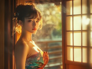 Young Asian woman in a colorful strapless outfit, standing in a traditional Japanese tea house, soft sunlight illuminating her, serene and elegant