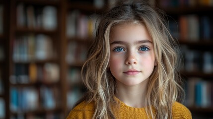 Fototapeta premium Young girl with blonde hair in a library