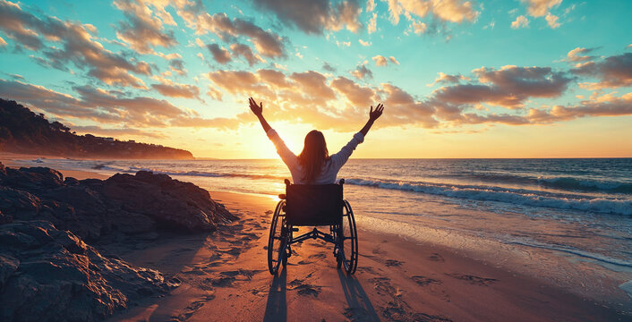 a woman in a wheelchair, with her arms raised, stands on a beach path at sunset. This image symbolizes joy and freedom after overcoming a disability
