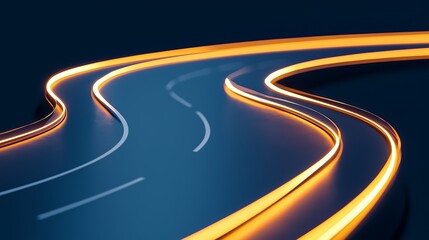 Smooth winding road, glowing lines, pinpoint symbol, tech navigation, 3D illustration