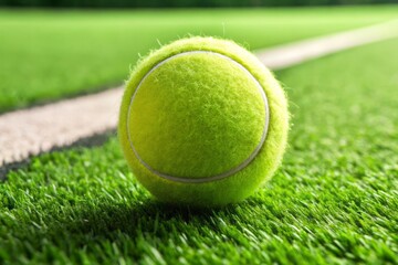 A simple tennis ball with stitching, rendered in bold black lines and white shading, sitting atop a lush green grass court with a focus on texture.