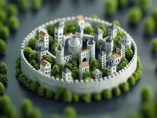 Business fortress surrounded by a deep moat filled with competitive challenges, symbolizing strong market position, business moat