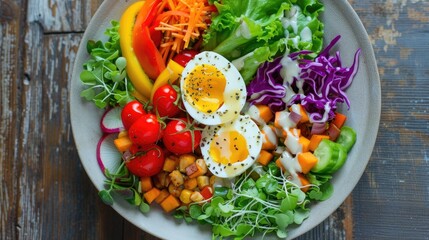 Colorful salad on white plate on wooden table with variety of vegetables egg seasoned with salt oil vinegar and spices