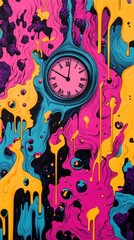 Obraz premium A vibrant artwork displays a melting clock amid swirling colors, emphasizing the fluidity of time in a surreal composition