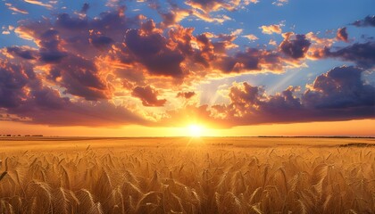 Serene golden wheat field under a breathtaking sunset with dramatic clouds painting the sky