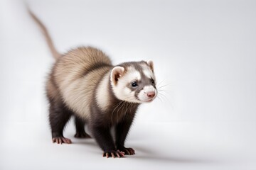 Fototapeta premium A curious ferret with a long body standing up on a white background, Ai Generated