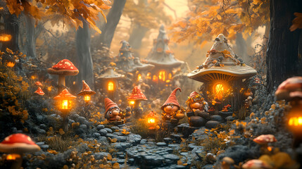 Gnome family celebrating Thanksgiving in a magical foreground