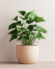 Obraz premium A vibrant green plant in a stylish basket, perfect for adding a touch of nature to any indoor space.
