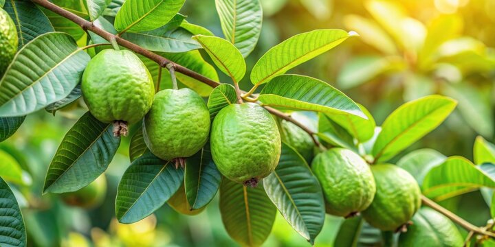 Tropical guava tree with lush green leaves and ripe fruit hanging from branches, Guava, tree, plant, tropical, fruit, ripe