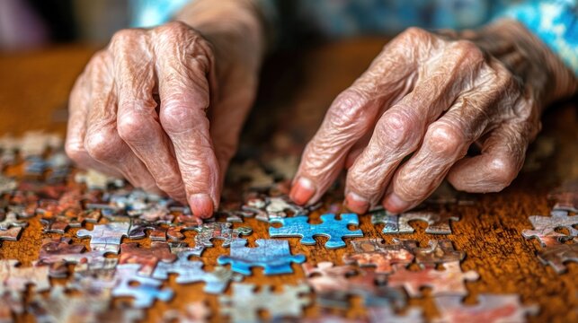 Elderly Hands Solving a Puzzle