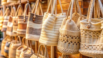 Handmade cream knitted bags displayed in souvenir shop, handmade, knitted, bags, cream, stylish, souvenir, shop