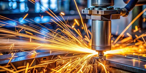 Sparks flying out of a machine head in a metal processing plant for automotive production