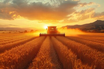 Fototapeta premium a combine harvester moving through a golden wheat field at sunset with dust and chaff illuminated by warm light dramatic sky and rolling hills in the background