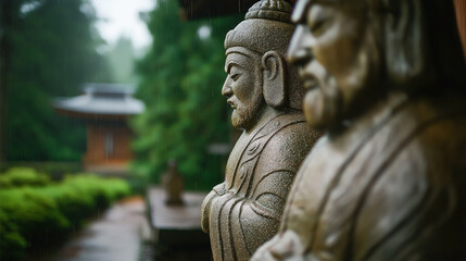 Obraz premium Close-up of stone statues in a serene Asian garden setting, slightly blurred background with trees and a traditional pavilion visible, during rainy weather.