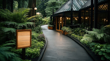 A winding path through a lush garden with ferns and other greenery leads to a modern glass building with warm interior lighting. A wooden sign reads 'Bloom and thrive'.