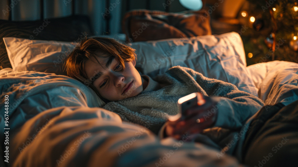 Wall mural teenager using smartphone in bed at night