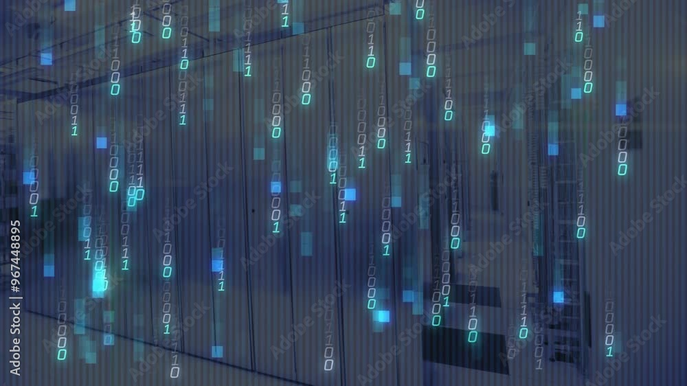 Poster animation of digital data processing and binary coding over computer servers