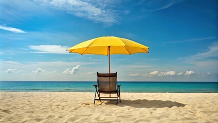 Yellow umbrella providing shade for a black chair on a peaceful beach setting in summer , beach, relaxation, vacation, sunny, sea